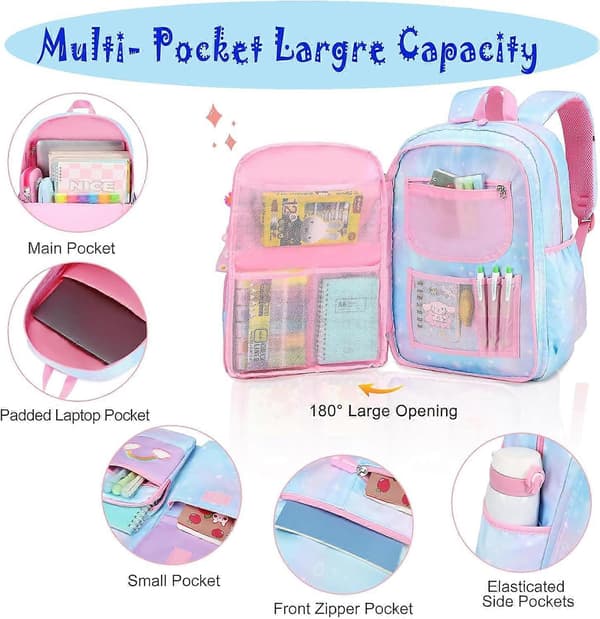 School Backpack Set, Girls Rainbow Backpack Cute Backpack for School Laptop Travel Bag With Pencil Case