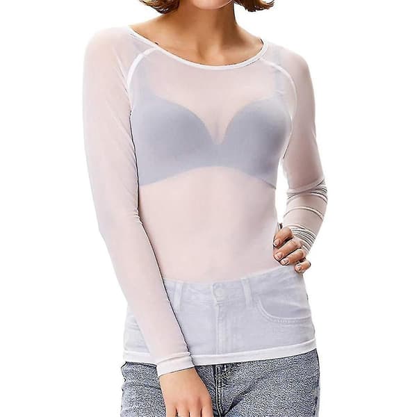 Jul Kvinnor Transparent Långärmad Sömlös Armformare Topp Mesh Skjorta Blus Vit Vit