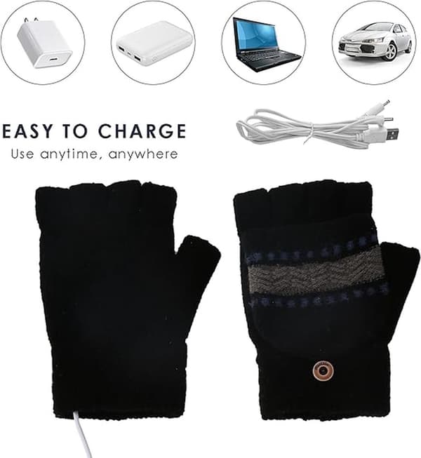 Unisex USB-opvarmede handsker, elektriske termiske, halvfinger, strikkede håndvarmere, sorte