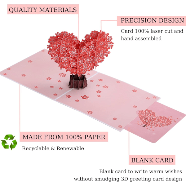 Pop Up Onnittelukortti 3D Sydänmuotoinen Sakura Äitienpäivä Syntymäpäivä Ystävänpäivä Kort Vaimolle, Äidille, Naisille, Sisarelle, Rakastajalle, Tytölle