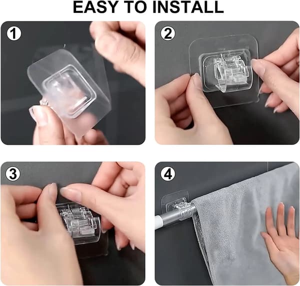 Curtain Rod Brackets 4-pack No Drilling Self-Adhesive Heavy Duty Wall Mounted Hooks for Home Window Curtains Clear