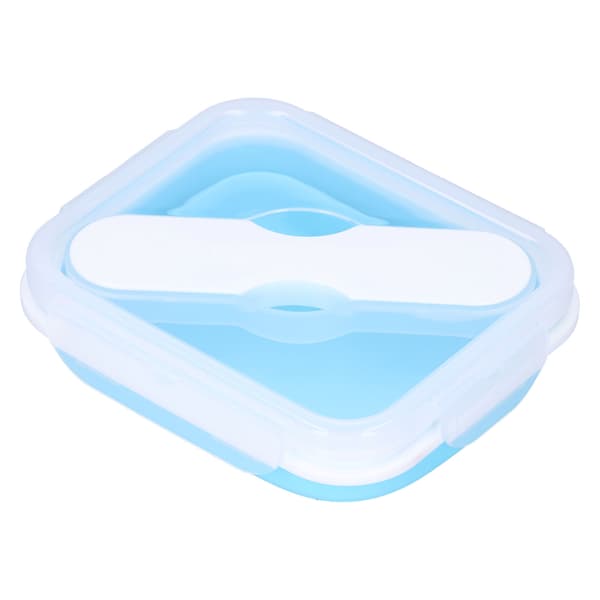 Silicone Insulated Box Portable Lunch Box with Integrated Fork Spoon for Office School Water Blue 600ML