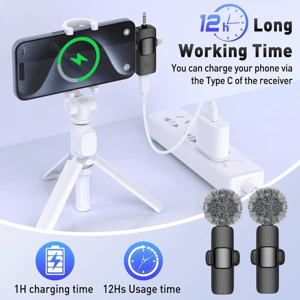 Wireless Microphone - 2 Pieces - Lavalier Microphone - Extra Long Battery Life - Suitable for USB-C & iOS Lightning / Aux - Plug & Play - Lapel Clip