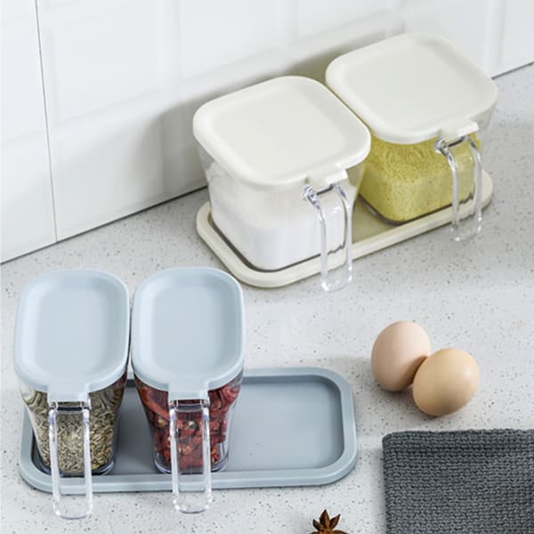 Clear Spice Rack Spice Jars Spice Box Set Spice Container with Lid and Spoon Gray Square Gray Square