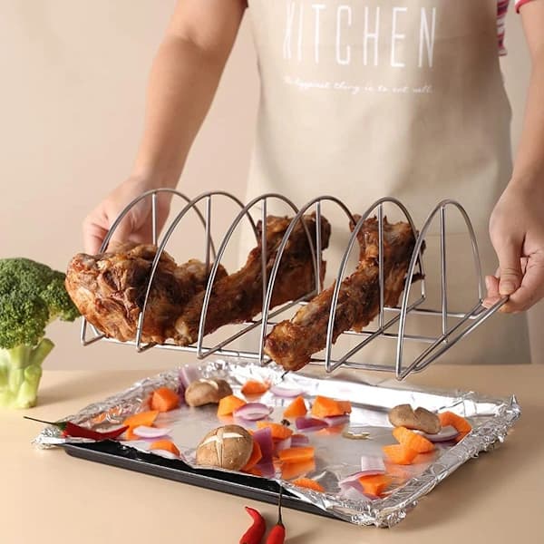 BBQ Ribsstativ Rustfritt Stål Non-stick Holder Opptil 5 Ribber for Utendørs Grilling Camping og Ovn Bruk 37,7 cm