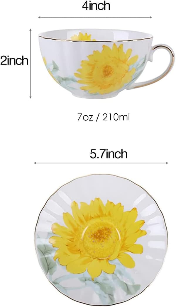 Keramisk tekop Solsikke Vintage Kaffekrus Tekop med underkop, sæt med 4 -