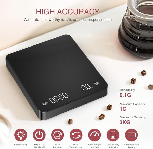 Digital Coffee Scale with Timer, 0.1g High Precision 3kg Capacity, USB C Rechargeable LED Touch Display for Espresso Pour Over, Black 15x13cm