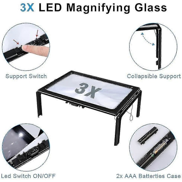 Magnifier with Light, 3x Magnification Reading Magnifier Reading Aid - A4 Rectangular