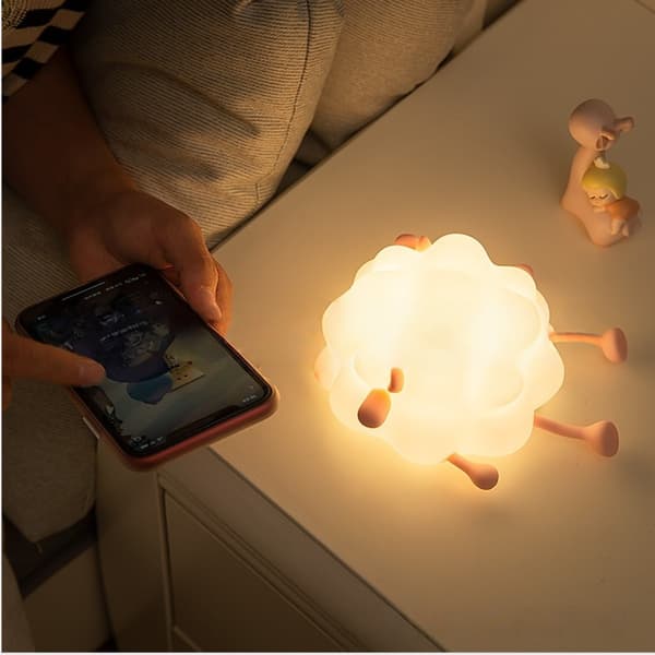 K-1156 Silicone Sheep Pressure Lamp for Bedside Table - Soft Night Light with Pressure Sensor, Three Light Levels, Sleep Timer and Mobile Holder, Warm Non-Glare Lighting