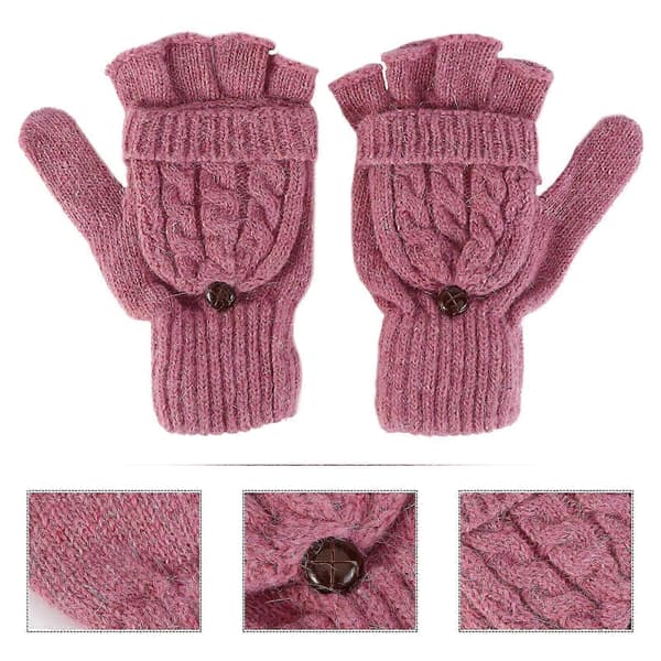 Dame Vinter Varme Uldstrikkede Konvertible Fingerløse Handsker Med Luffeovertræk (Pink)