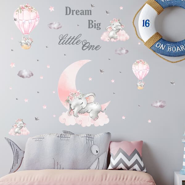 Large Pink Baby Elephant Wall Sticker, Cute Five Grey Elephants P