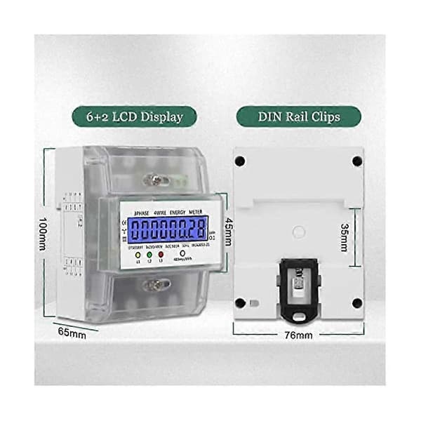 Elmåler 3-faset 4-leder, effektmåler DIN-skinne med LCD-display, digital elmåler