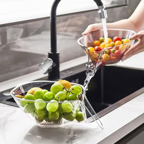Drain Basket Multifunctional Plastic Drain Bowl, Kitchen Countertop Drain Basket Strainer Storage Wash Vegetables Fruit Salad (Grey)