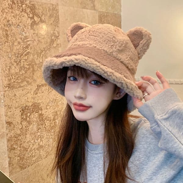 Lille bjørn lammuld fiskerhat dame efterår og vinter plys bucket hat koreansk version ansigtsafslørende lille basinhat 55-58cm