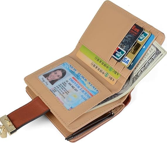 Women's Short Wallet Leather Medium Wallet Leaf Bifold Card Coin Holder Brown Brown