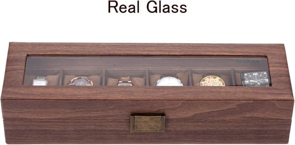 Etui för 6 klockor/display/låda/förvaring för klockor i PU och trä med mönstrat glas