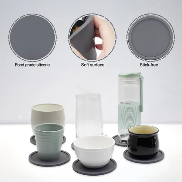 6-pack Silicone Coasters with Deep Edge, Heat Insulation Pads, Drink Glass Mat, for Hot or Cold Drinks (Grey)