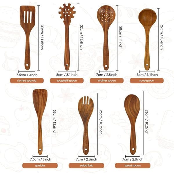 Teak Kitchen Utensils, 7 Spoons, Heat-Resistant Spoon Set, Suitable for Non-Stick Pans.