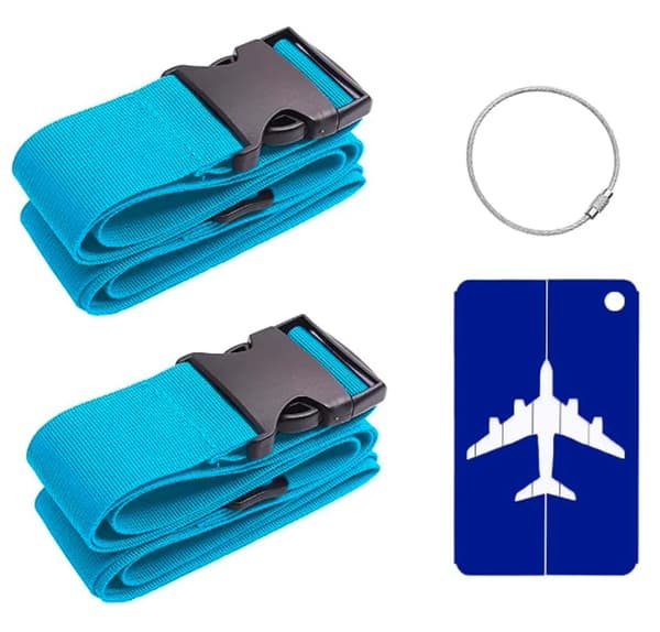 2-pack resväskeband bagageremmar med metallbagagebricka, blått justerbart resväskebälte