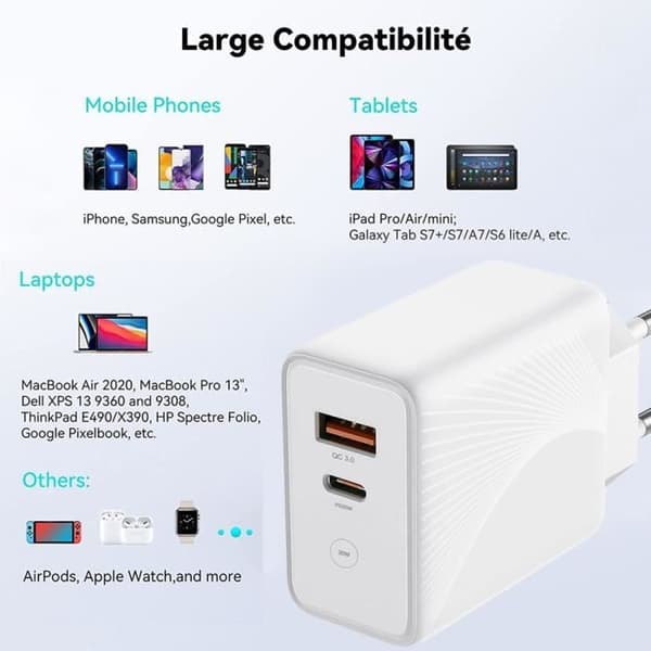 30W hurtiglader med 2 porter - PD20W + QC 3.0 kompatibel med iPhone 16 Pro, iPhone 16 Pro Max, iPhone 16 Plus, iPhone 15 Pro, 15 Plus - Hvit