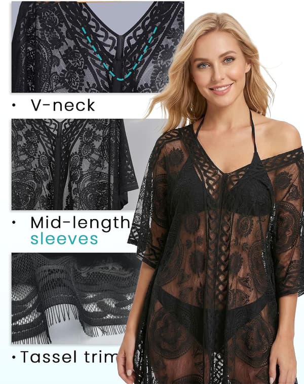 Kvinders blondeovertræk passer S-2XL løs badebikini-kjoleovertræk til strandpool sommer svømme plus size sort - Black