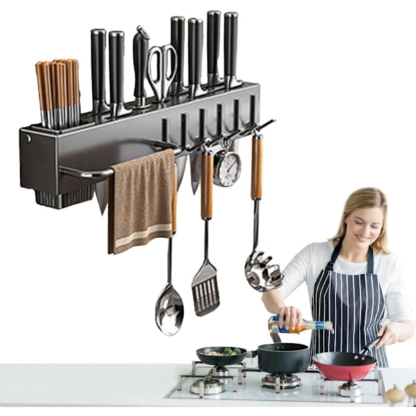 Wall-mounted drill-free kitchen utensil holder - chopstick storage, knife hook, space-saving