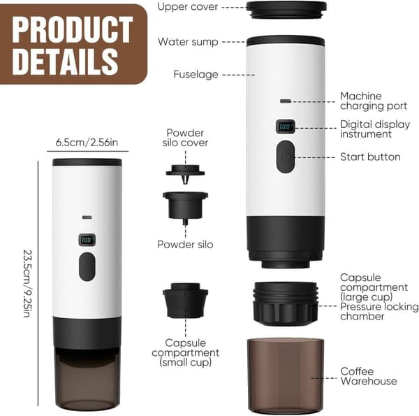3-in-1 Portable Coffee Machine with USB – Capsule & Espresso, For Office, Camping, Car & Travel White