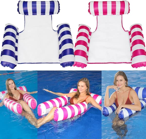 2-pack Water Lounge Pool Chair Lounge, Inflatable Pool Float, Multifunctional Pool Hammock & Water Hammock Row (Striped Dark Blue + Rose Red)