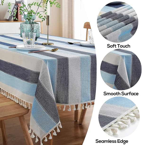 Striped Tassel Tablecloth, Stitched Rectangular Cotton Linen Tablecloth, Table Cover for Kitchen Dining Tabletop 137 x 305 cm Blue