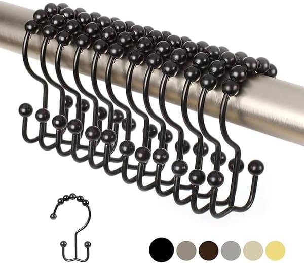 Reversible Shower Curtain Hooks (12-Pack) - High-Quality Stainless Steel - Double Hooks with Easy-Glide Rollers for Bathroom