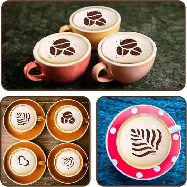 4-delt Latte Art Stencil Sæt - Genanvendelige kaffeskabeloner i rustfrit stål til Cappuccino & Kagedekoration [Ho]