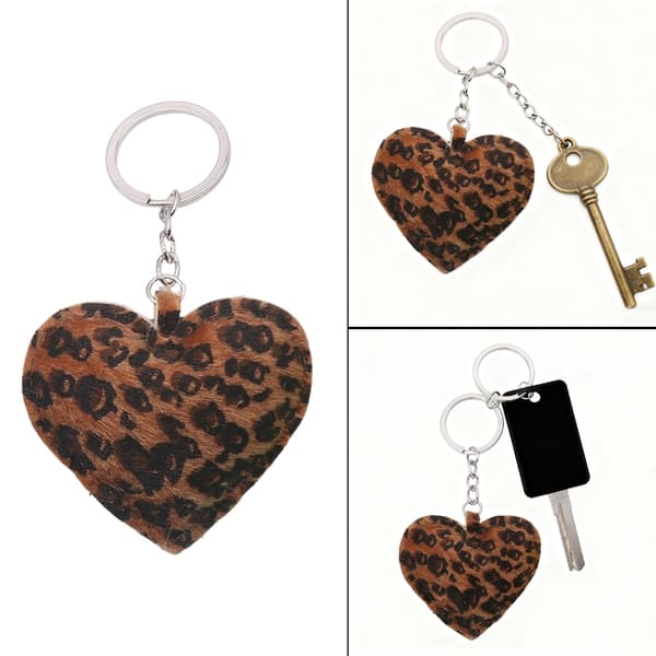 Fashion Leopardtryk Hjerteformet Nøglering PU Læder Nøglering Med Sikker Metalkrog til Trendy Livsstil Khaki - Khaki - Silver single loop b Silver single loop b