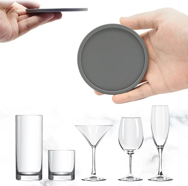 6-pack Silicone Coasters with Deep Edge, Heat Insulation Pads, Drink Glass Mat, for Hot or Cold Drinks (Grey)