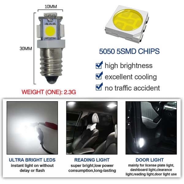 10 stk E10 6V Kaldhvit LED-pærer 5SMD 0.5W 50LM Lamper (Kaldhvit)