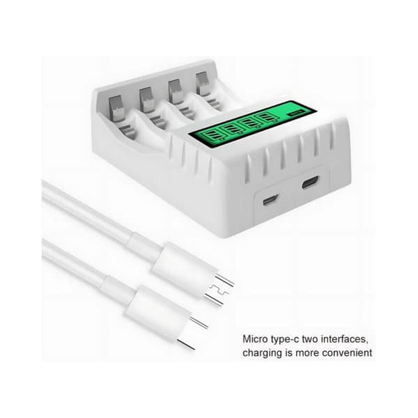 LCD005 Smartoplader til AA/AAA-batterier - 4 pladser - LCD-skærm - USB-C/Micro-USB - Hurtigopladning - Længde: 9,3 cm / Bredde: 6,3 cm / Højde: 2,7 cm