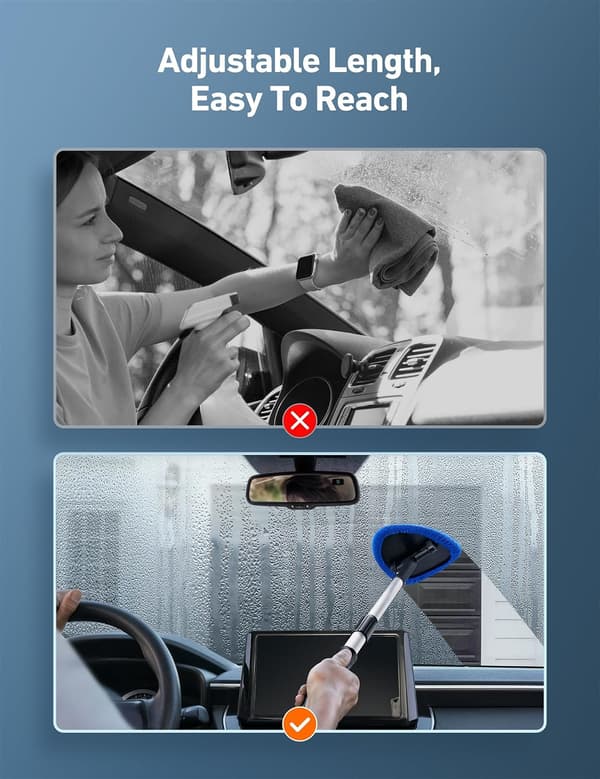Car Interior Cleaning Kit with Extendable Handle and 4 Reusable Microfiber Pads, Car Window Wiper Brush Kit for Cars, Blue Blue Blue