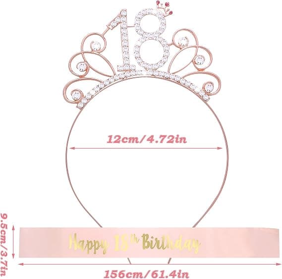 Bursdagssash og rhinestone-tiara for jenter, bursdagssatinbånd rosegull krystallkrone