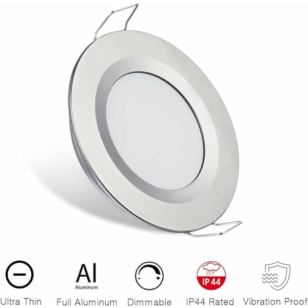 4 x LED Infällda Spotlights 12V Hål 58-65mm 3W 6400K Infälld Taklampa för Husbil Båt Husvagn Van Yacht Kallt Vitt (Silver Finish)