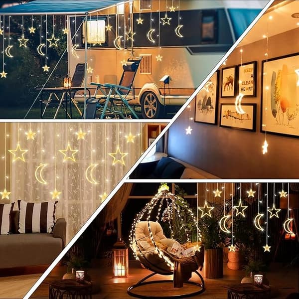 LED Ramadan Light String, 3.5 m Light Curtain Window Indoor USB/Battery, LED Ramadan Lamp Star Moon Islamic Style Warm White