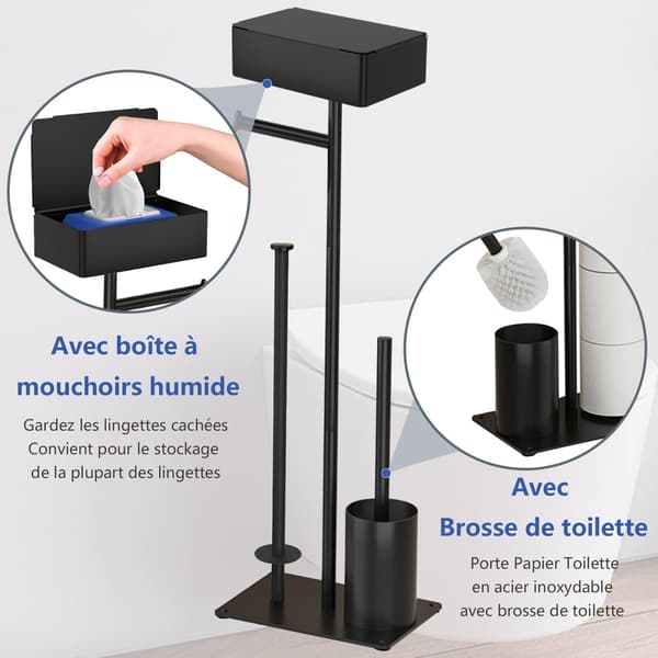 Toiletpapirholder - Stående rulleholder i rustfrit stål, sæt med børste og papirholder, ingen boring nødvendig