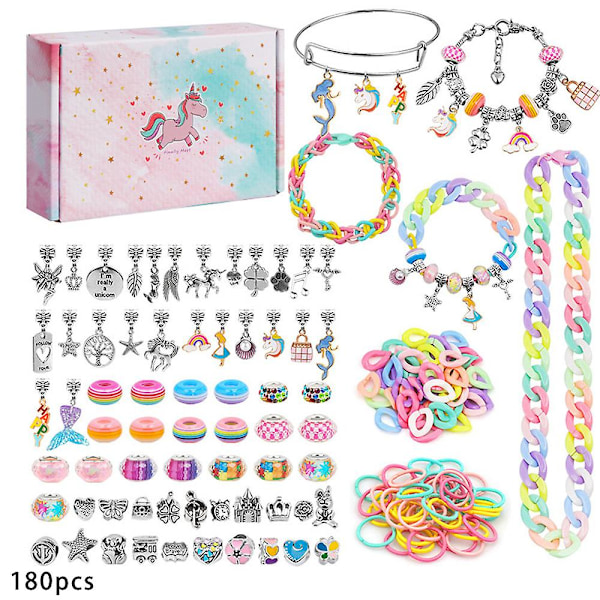 180 st Unicorn DIY Armband Smyckestillverkningssats Berlock Pärlor Hänge Set Konst Hantverk Flickor Barn Julklapp