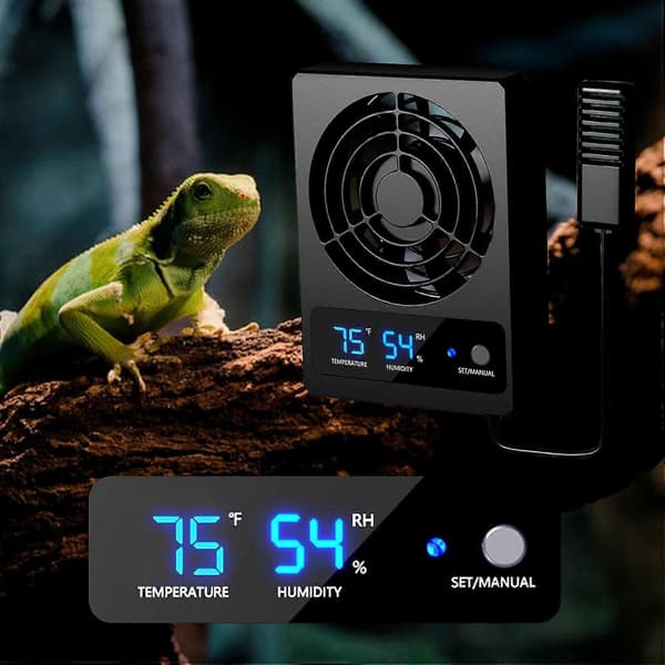 Ventilationsventilator til krybdyrbur, effektiv køleventilator med fugtighedsmåler og LED-display til regnskovsterrarier og slanger
