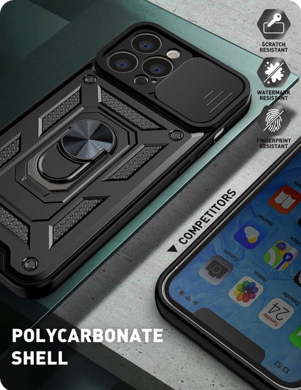 Black iPhone 13 Pro Max Case with Sliding Camera Cover and Stand, Built-in 360° Rotating Ring Holder Magnetic Case for iPhone 12 / 13