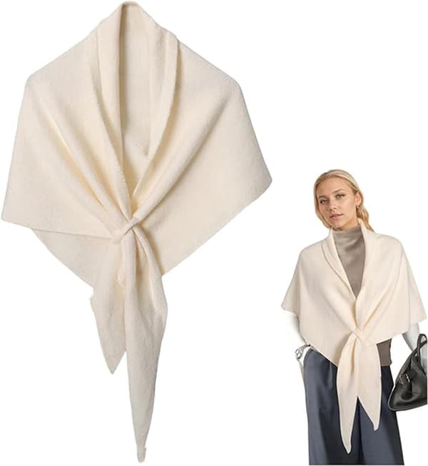 Women's Knitted Shawl - Triangular Shawl - Triangular Shawl Cape - Scarf - Outerwear - Warm - Soft - Elegant and Simple - White