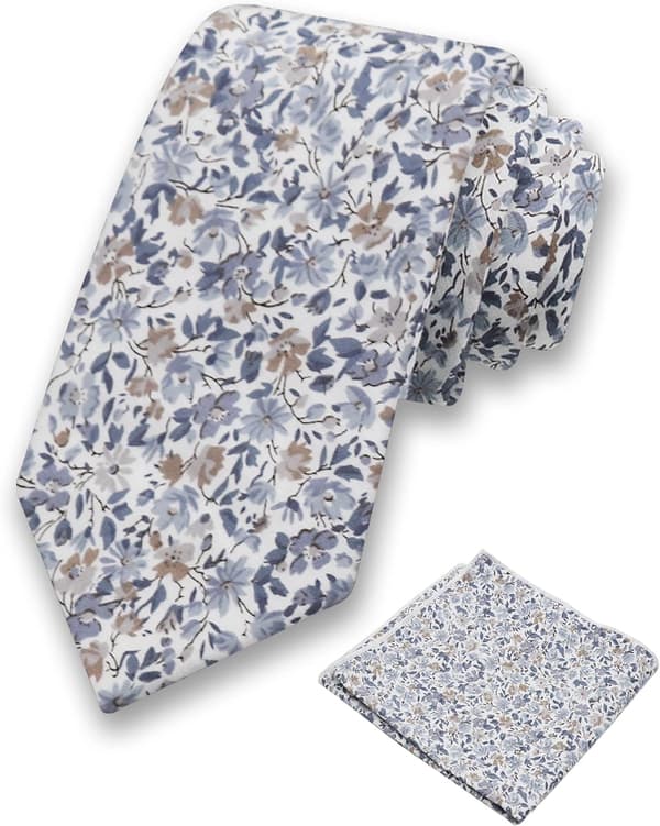 Blommiga slipsset för män Bomullsblommig slips med näsduk Formell bröllopsfestmiddag Blå - Blue Floral