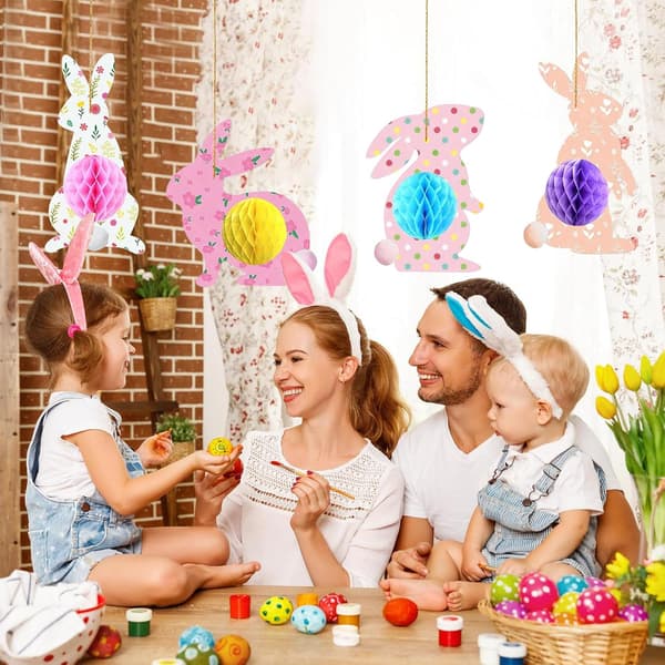 Easter Honeycomb Centerpiece with String 4 pcs Paper Easter Bunny Decorations 12x23cm