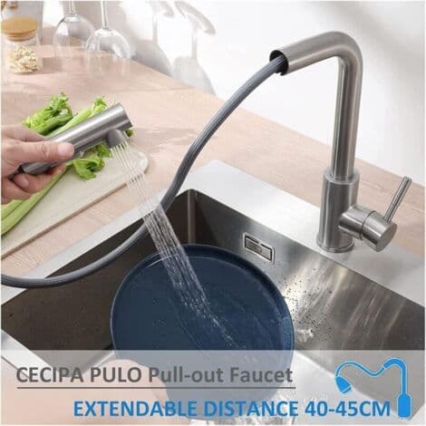 360° Swivel Kitchen Faucet with Pull-Out Spray, 2 Spray Patterns, Stainless Steel, Hot/Cold Water Connection - RAPANDA (FMY)