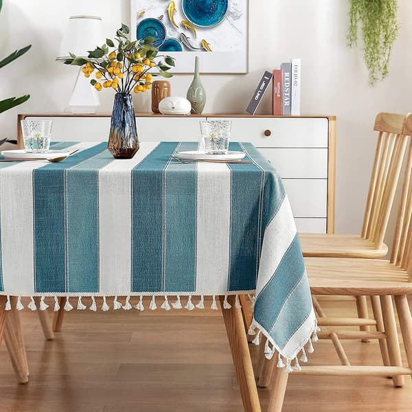 Matbord Randig Toffs Bordsduk Bomull Linne Rektangulär Bordsduk För Kök Matbord 140 X 220cm Teal Blå