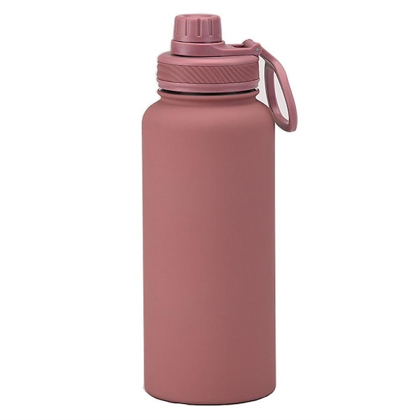 (Erikoistarjous) 1L Ruostumattomasta teräksestä valmistettu urheilujuomapullo, suuri termos, kannettava ulkoilujuomapullo kahvalla Smoky pink