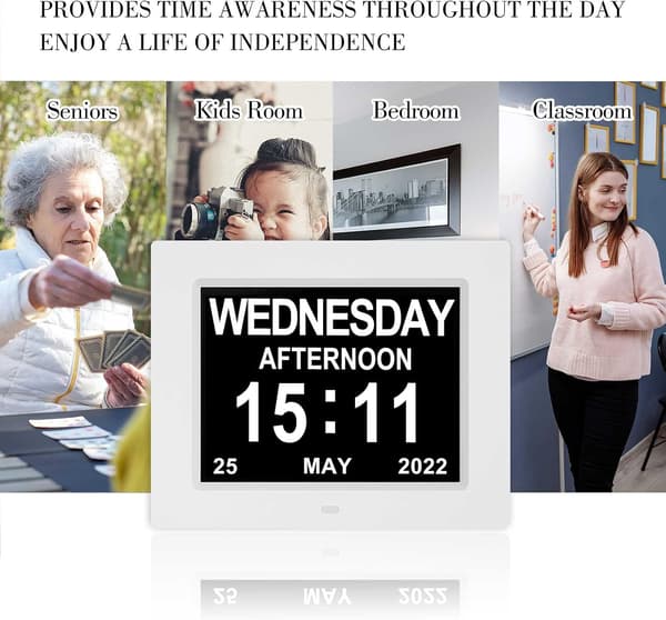 Digital kalender, datovisning, 8 alarmmoduser Ekstra stor digital ukedag demensklokke, perfekt for eldre, hvit-FA10-